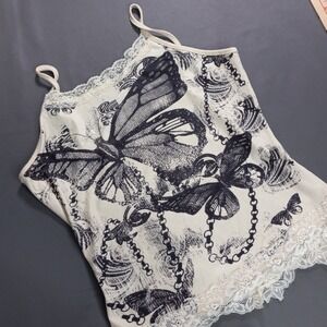 Butterfly Graphic Lace Trim Ribbed Cami Top Cream Y2K Fairycore Size M